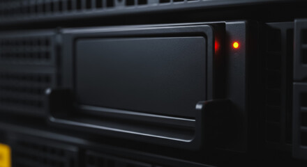 Obraz premium Close-up of a server hard drive or SSD bay in a data center rack, showing a red/amber indicator light signaling status, activity, or potential system failure and critical IT infrastructure.