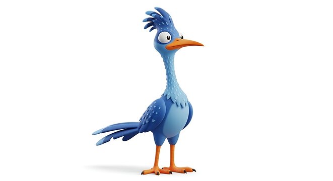 A vibrant blue cartoon bird with a long beak and orange legs stands on a white background, looking curious.
