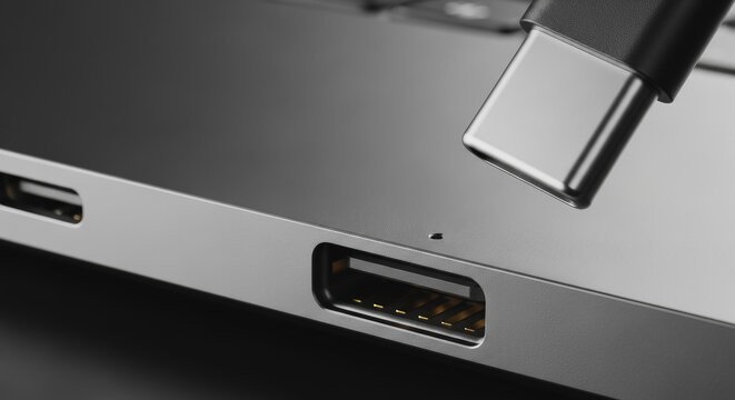 Close-up of USB Type-C connector plug ready to be inserted into a modern sleek laptop or electronic device port, illustrating fast data transfer, high-speed connectivity, and charging technology