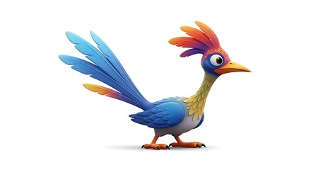Obraz premium A vibrant cartoon roadrunner bird with blue feathers and a colorful crest standing on a white background, depicted in a playful style.