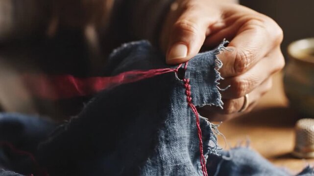 Close-up of hands sewing fabric with needle and thread.
