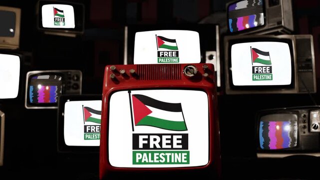 Retro Television Wall Displaying Free Palestine Message, Political Media Protest - 4K