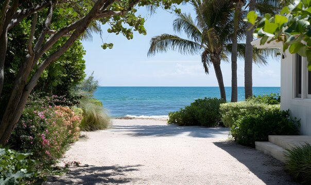 a backyard in miami looking out into the ocean, beach driveway, palm trees