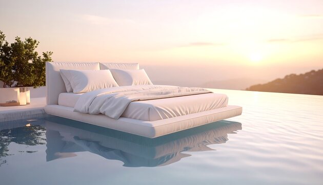 Luxurious White Bed Floating On Infinity Pool At Sunset Over Serene Horizon. AI Generative