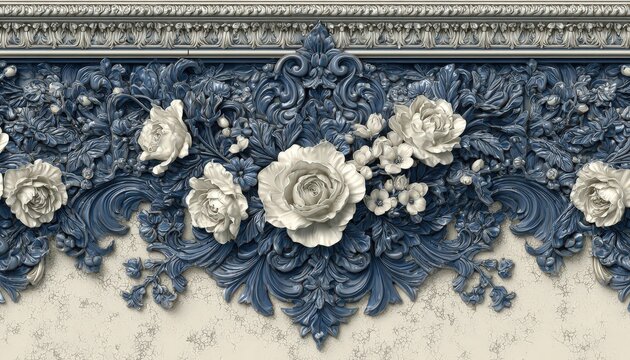 Ornate relief panel features detailed floral carvings against a textured background