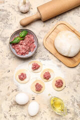 Fototapeta premium Raw dough with minced meat and ingredients for preparing dumplings on beige background