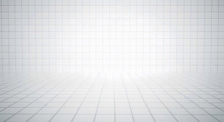 Minimalist 3D white grid room background with a perspective floor and wall, suitable for laboratory, futuristic technology, or digital product display mockup scenes.