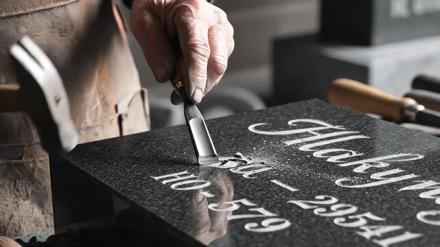 Artisan carving inscription on black granite headstone with hammer and chisel in workshop