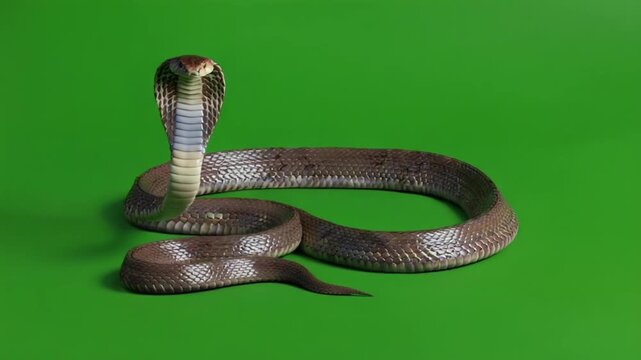 A striking brown Indian cobra with its iconic hood fully spread, poised and alert against a bright green studio backdrop. green screen snake video