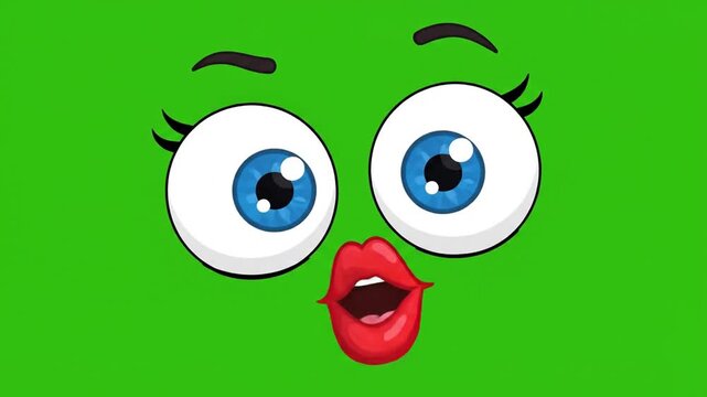 Animated cartoon face with expressive eyes and mouth on green screen