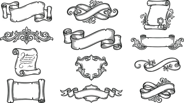 Set of antique-style hand-drawn vector banners, intricate scrolls, and decorative ornamental frames, ideal for high-quality graphic design EPS files
