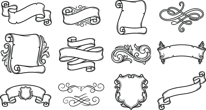 Collection of Ornate Vintage Hand-Drawn Scroll and Banner Vector Elements for Elegant Graphic Design Projects