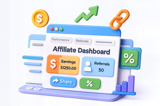 Colorful 3D illustration of an affiliate dashboard with earnings and referral stats.
