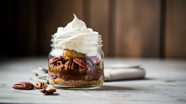 Delicious Pecan Pie Parfait Being Assembled in a Jar.