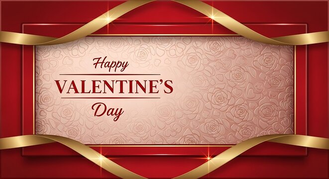 Happy Valentine's Day card with gold ribbon and red background romantic celebration