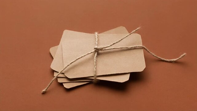 Tonal Composition of Handmade Paper Labels. Craft & Handmade Authentic Product Display. A stack of three unbranded labels made of recycled brown paper tied with thin undyed cotton string.
