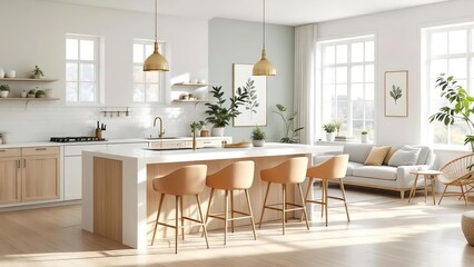 Modern open plan kitchen and living room interior with light wood furniture and beige accents in a bright and airy space