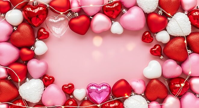 Valentine heart shaped candy and chocolate arrangement on pink background romantic celebration