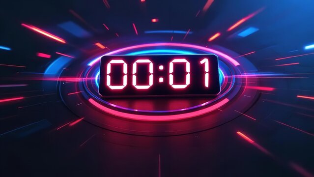 Countdown timer displaying one second on a neon lit digital display surrounded by futuristic and vibrant glowing elements.