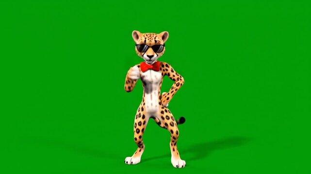 Animated cheetah wearing sunglasses and bow tie posing against green screen