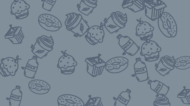 Repeated pattern of donuts, cupcakes, milk, and juice boxes. Perfect for bakery menus, party invitations, wallpaper designs, and foodthemed marketing materials.