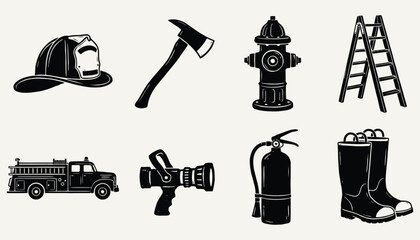 Firefighter Equipment Vector Icons Set Black and White Illustrations