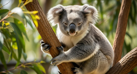 Koala Resting on Eucalyptus Tree Branch in Australian Sunlight