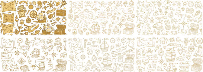 A captivating collection of hand-drawn adventure-themed illustrations featuring ships, maps, and treasures.