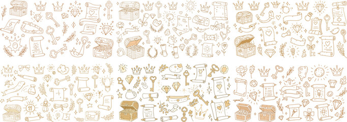 Whimsical treasure-themed illustrations featuring crowns, gems, and scrolls in gold tones.