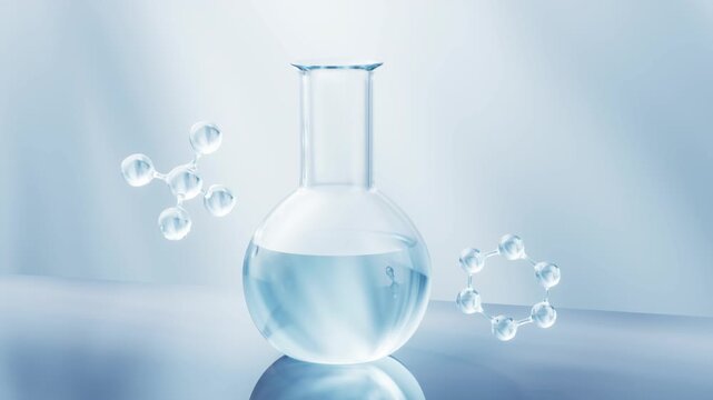 Abstract scientific laboratory background with round flask and glass molecular models rotating in blue space