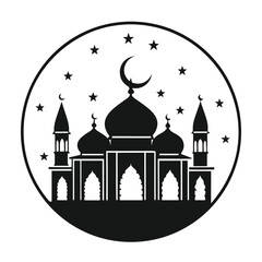Islamic Mosque Silhouette,Black silhouette of a mosque with dome and minarets on a white background Islamic architecture