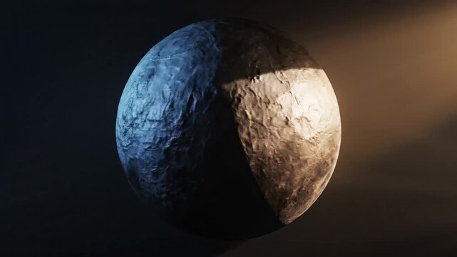 Cratered Planet Half Illuminated by Dramatic Light Rays.
