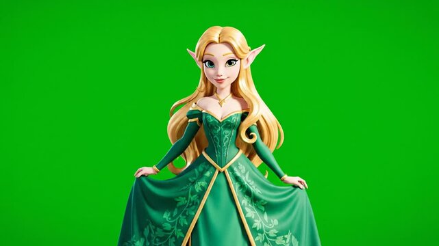 Animated elf woman in green dress with blonde hair on green background