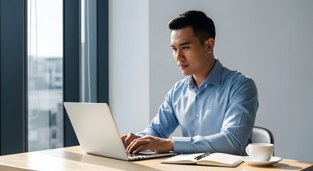 Focused Asian Businessman Working on Laptop in Modern Office.