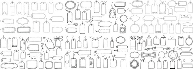 A collection of decorative label and tag designs featuring various shapes and styles.