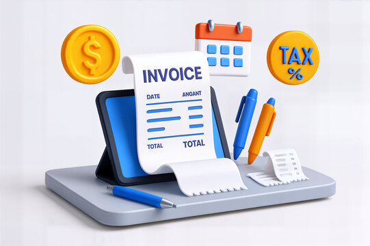 Colorful 3D render of invoice elements, featuring a tablet, receipts, and finance symbols.