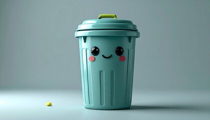 Smiling cyan trash bin with a lime green handle and a small yellow ball
