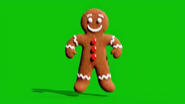 Animated gingerbread man dancing against a green screen background