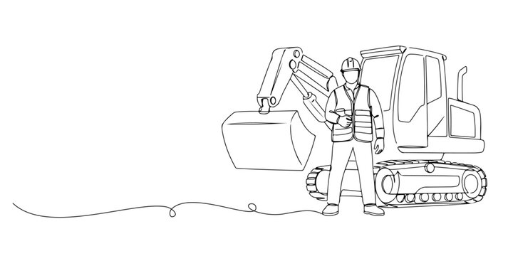 Continuous one line drawing of a factory worker with heavy equipment, representing dedication and strength of work, labor day, line art style vector illustration.