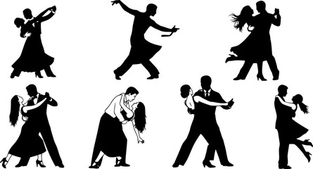 Fototapeta premium Silhouettes of romantic couple isolated on white background collection set. Happy couple dancing together vector silhouette set