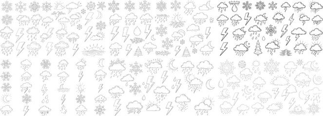 A collection of hand-drawn weather icons, including rain, snow, and lightning, in various styles.