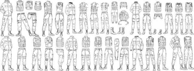 A collection of tactical clothing designs featuring various vests and pants styles for outdoor enthusiasts.