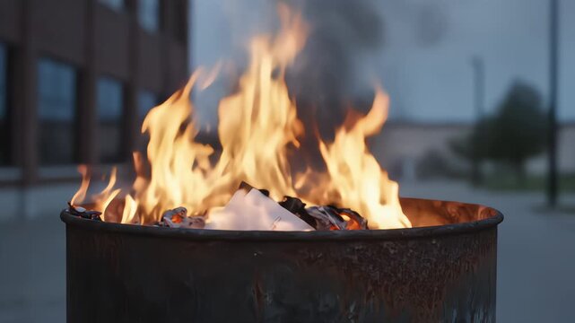 Gloved hands drop a stack of top secret documents into a fire burning in a rusty barrel to destroy incriminating evidence