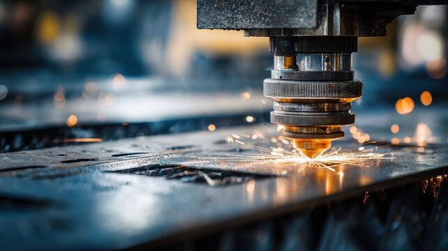A laser cutter cutting a metal sheet with sparks flying.