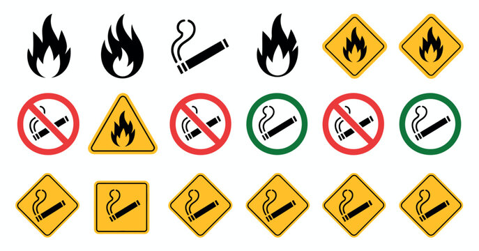 No Open Flame and No Smoking Safety Sign Set featuring a red circle-slash prohibition symbol over a burning flame and a lit cigarette.
