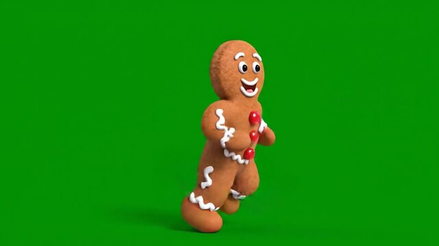 Animated gingerbread man running on green screen background