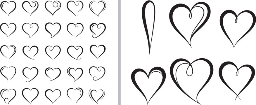 A collection of elegant, hand-drawn calligraphic heart vectors. These black ink-style sketches feature graceful swirls and minimalist line art on a clean white background.