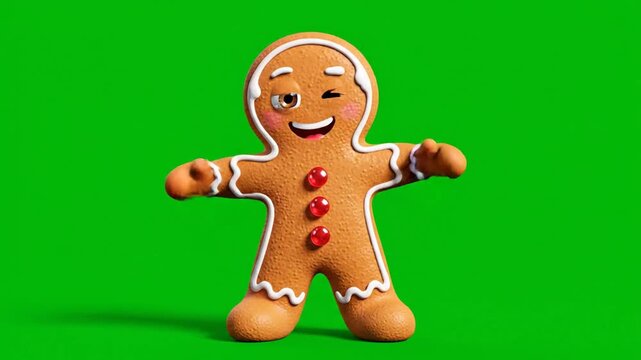 Animated gingerbread man waving on green screen background
