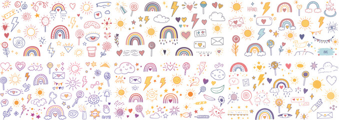 A colorful collage of whimsical doodles featuring rainbows, clouds, suns, and playful icons.