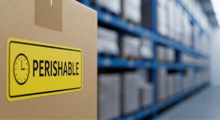 Cardboard box with perishable label in a warehouse setting with shelves in the background
